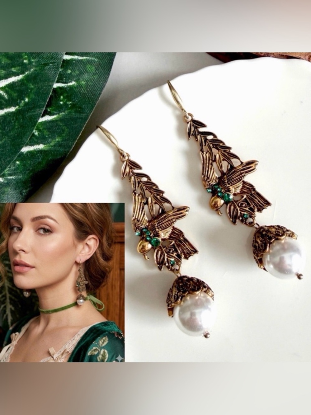 Gold Bird Green Crystal Earrings Vintage Style Ornate Jewelry Faux Pearl NEW